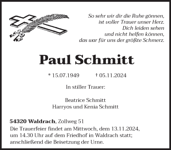 Todesanzeige von Paul Schmitt von trierischer_volksfreund