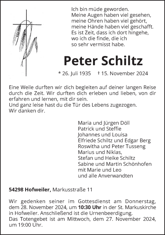 Todesanzeige von Peter Schiltz von trierischer_volksfreund