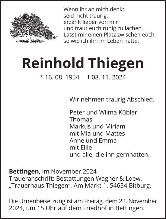 Todesanzeige von Reinhold Thiegen von trierischer_volksfreund