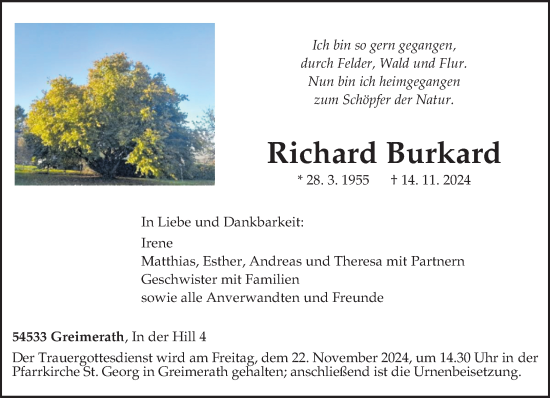 Todesanzeige von Richard Burkard von trierischer_volksfreund