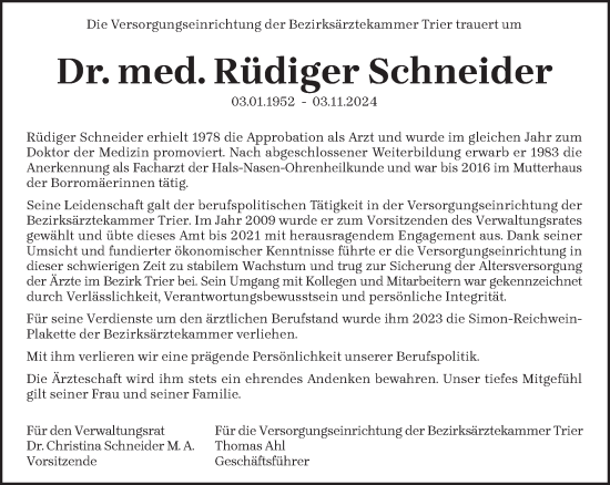 Todesanzeige von Rüdiger Schneider von trierischer_volksfreund