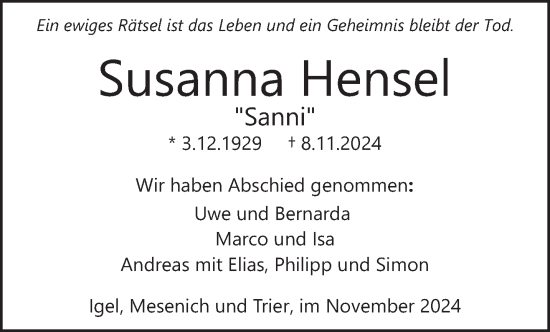 Todesanzeige von Susanna Hensel von trierischer_volksfreund