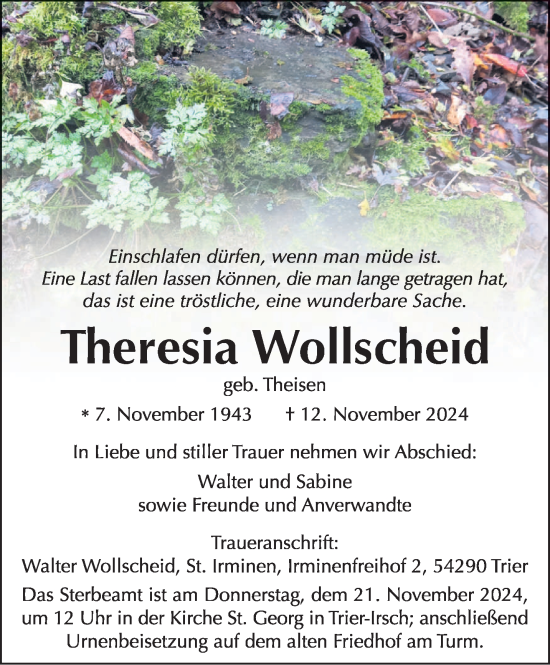 Todesanzeige von Theresia Wollscheid von trierischer_volksfreund