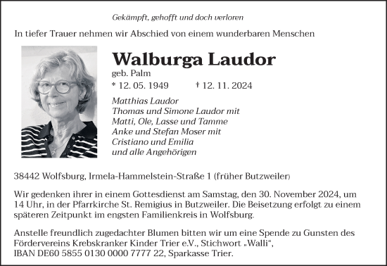 Todesanzeige von Walburga Laudor von trierischer_volksfreund