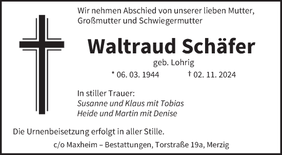 Todesanzeige von Waltraud Schäfer von trierischer_volksfreund