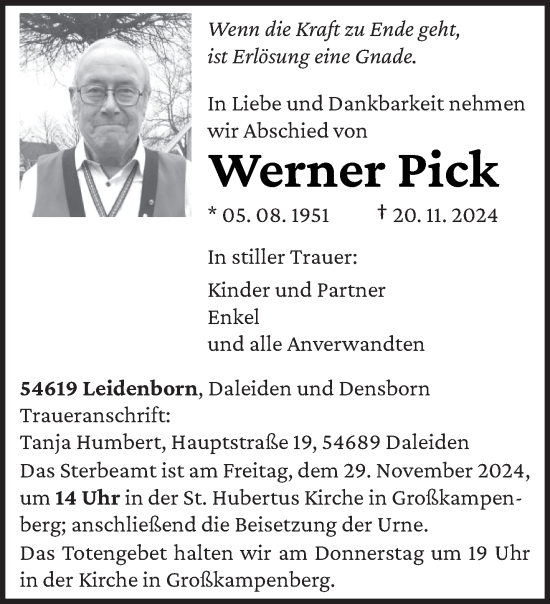 Todesanzeige von Werner Pick von trierischer_volksfreund