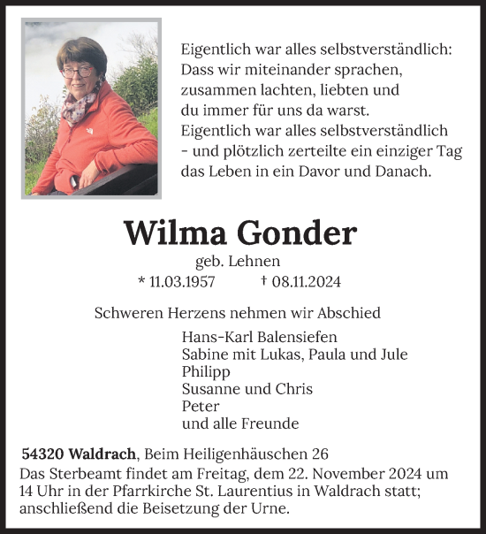 Todesanzeige von Wilma Gonder von trierischer_volksfreund