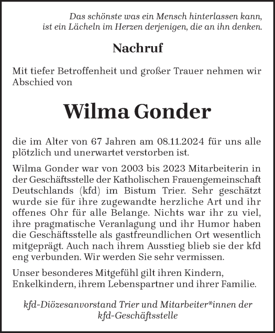 Todesanzeige von Wilma Gonder von trierischer_volksfreund