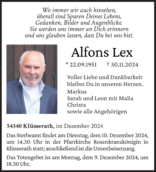 Todesanzeige von Alfons Lex von trierischer_volksfreund