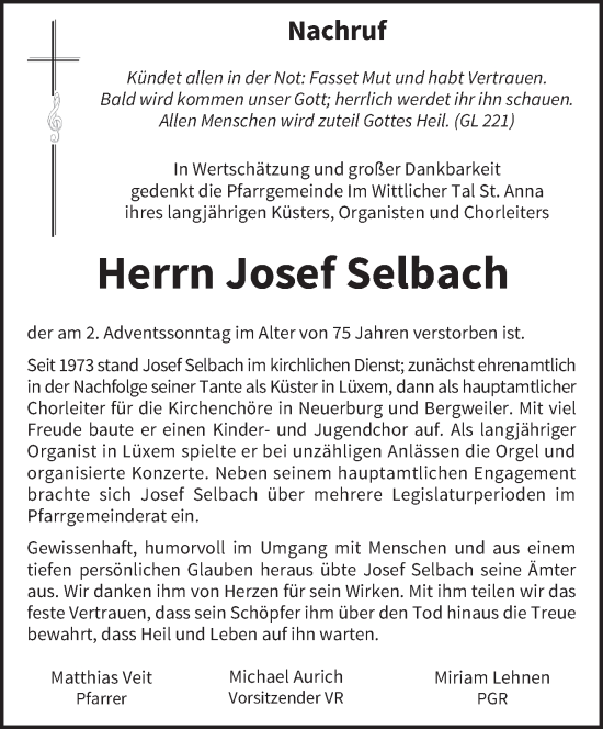 Todesanzeige von Josef Selbach von trierischer_volksfreund