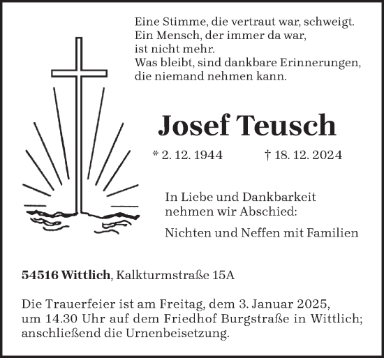 Todesanzeige von Josef Teusch von trierischer_volksfreund