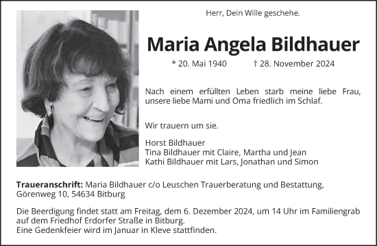 Todesanzeige von Maria Angela Bildhauer von trierischer_volksfreund