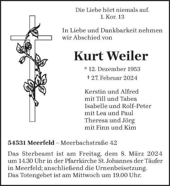 Todesanzeige von Kurt Weiler von trierischer_volksfreund