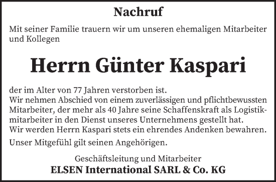 Todesanzeige von Günter Kaspari von trierischer_volksfreund