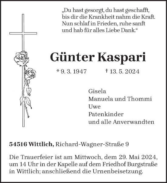 Todesanzeige von Günter Kaspari von trierischer_volksfreund
