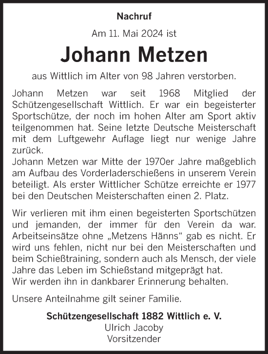 Todesanzeige von Johann Metzen von trierischer_volksfreund