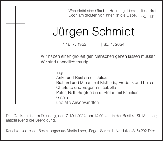 Todesanzeige von Jürgen Schmidt von trierischer_volksfreund