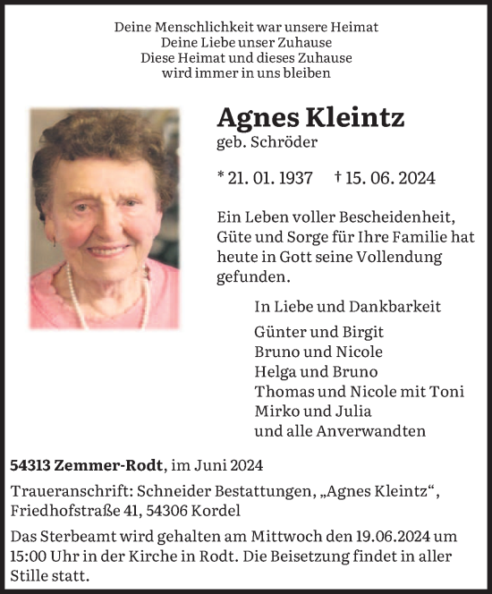 Todesanzeige von Agnes Kleintz von trierischer_volksfreund