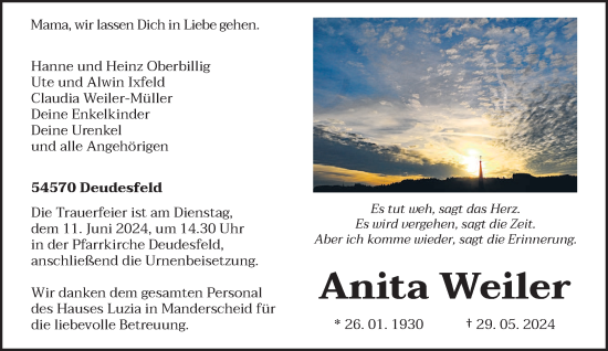 Todesanzeige von Anita Weiler von trierischer_volksfreund