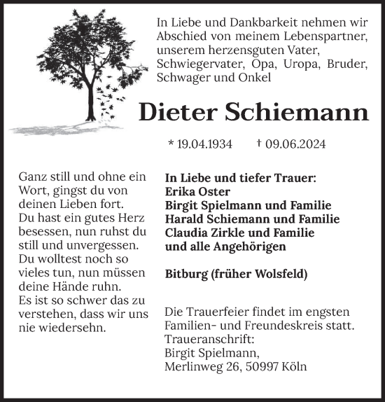Todesanzeige von Dieter Schiemann von trierischer_volksfreund