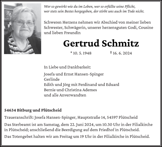 Todesanzeige von Gertrud Schmitz von trierischer_volksfreund