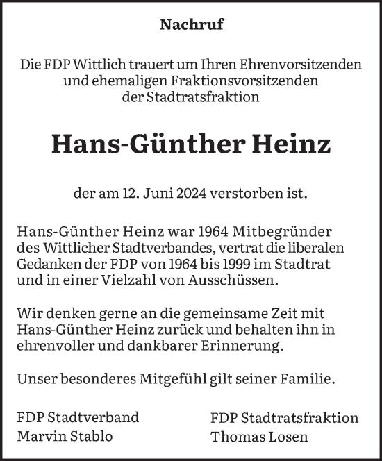 Todesanzeige von Hans-Günther Heinz von trierischer_volksfreund