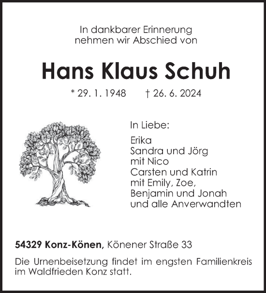 Todesanzeige von Hans Klaus Schuh von trierischer_volksfreund
