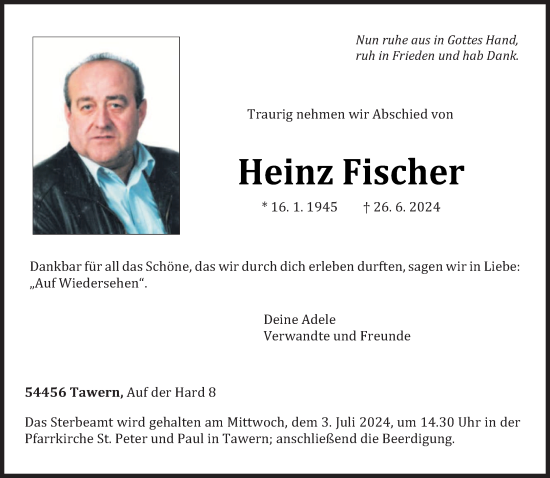 Todesanzeige von Heinz Fischer von trierischer_volksfreund