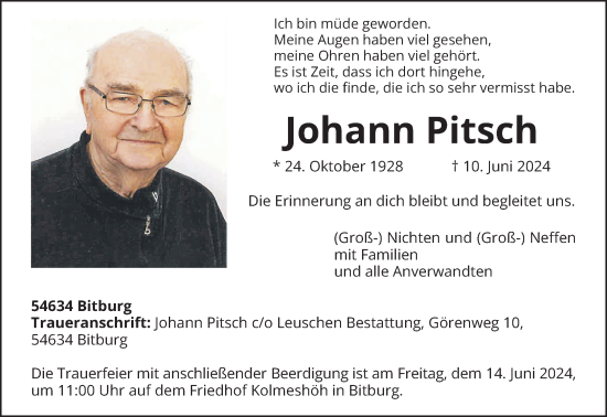 Todesanzeige von Johann Pitsch von trierischer_volksfreund