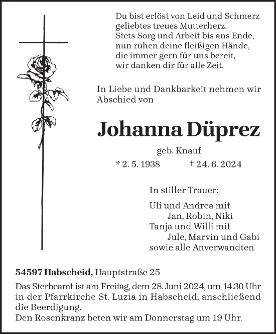 Todesanzeige von Johanna Düprez von trierischer_volksfreund