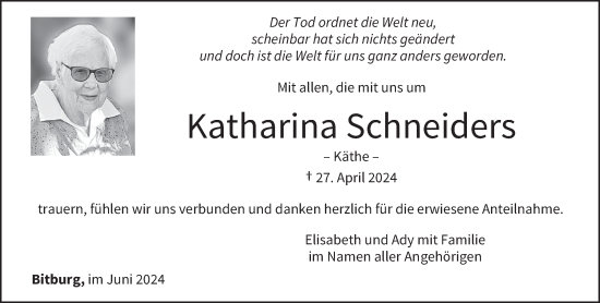 Todesanzeige von Katharina Schneiders von trierischer_volksfreund