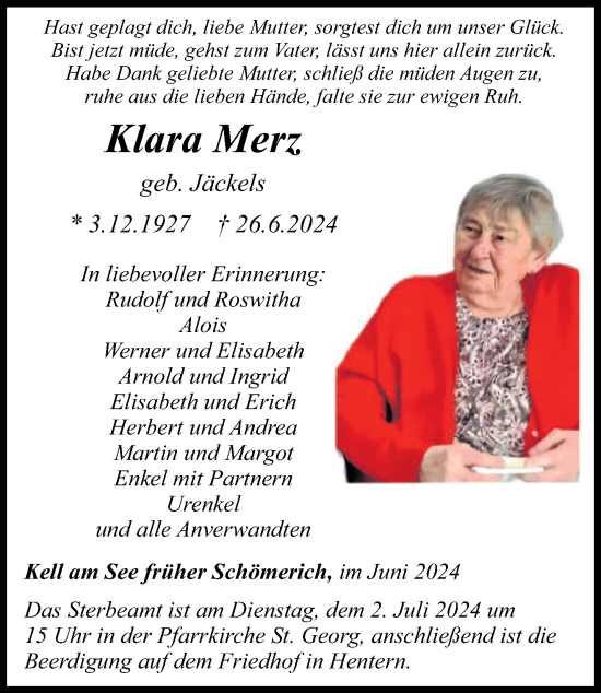 Todesanzeige von Klara Merz von trierischer_volksfreund