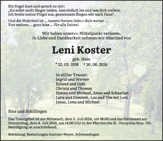 Todesanzeige von Leni Koster von trierischer_volksfreund