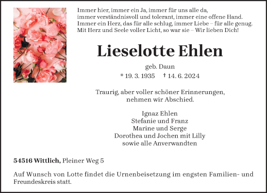 Todesanzeige von Lieselotte Ehlen von trierischer_volksfreund