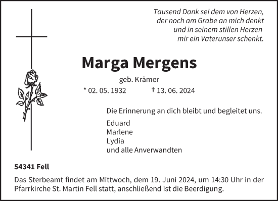 Todesanzeige von Marga Mergens von trierischer_volksfreund