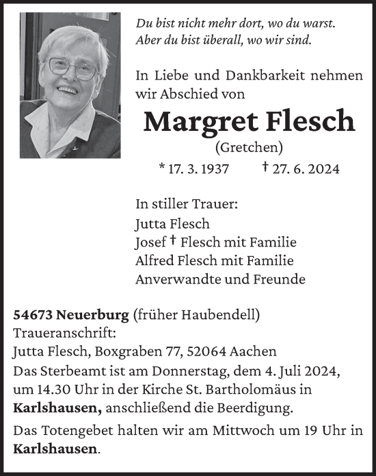 Todesanzeige von Margret Flesch von trierischer_volksfreund