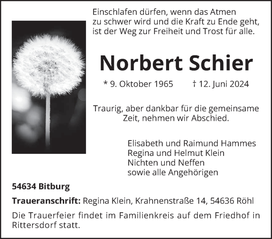Todesanzeige von Norbert Schier von trierischer_volksfreund