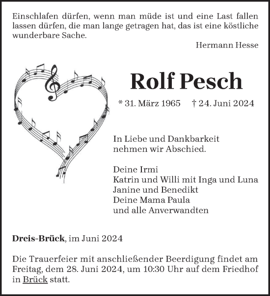 Todesanzeige von Rolf Pesch von trierischer_volksfreund