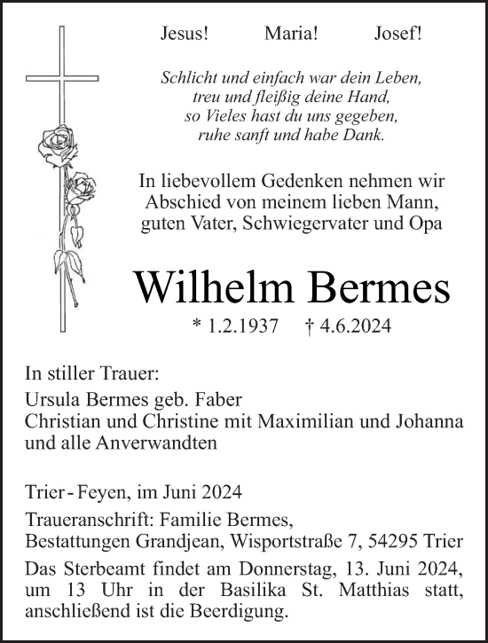 Todesanzeige von Wilhelm Bermes von trierischer_volksfreund