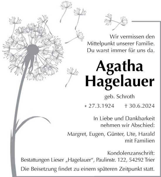 Todesanzeige von Agatha Hagelauer von trierischer_volksfreund