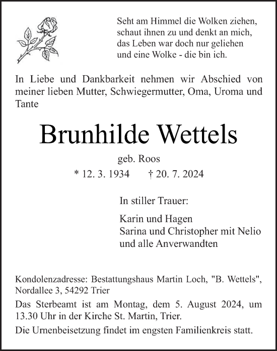 Todesanzeige von Brunhilde Wettels von trierischer_volksfreund