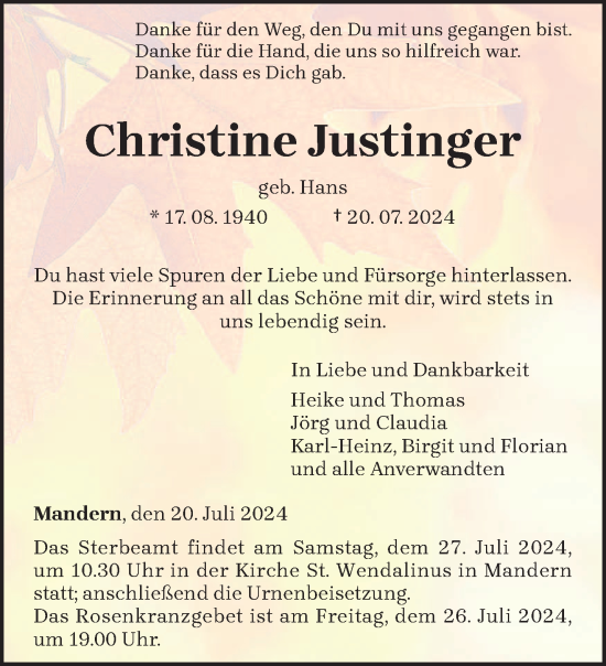 Todesanzeige von Christine Justinger von trierischer_volksfreund