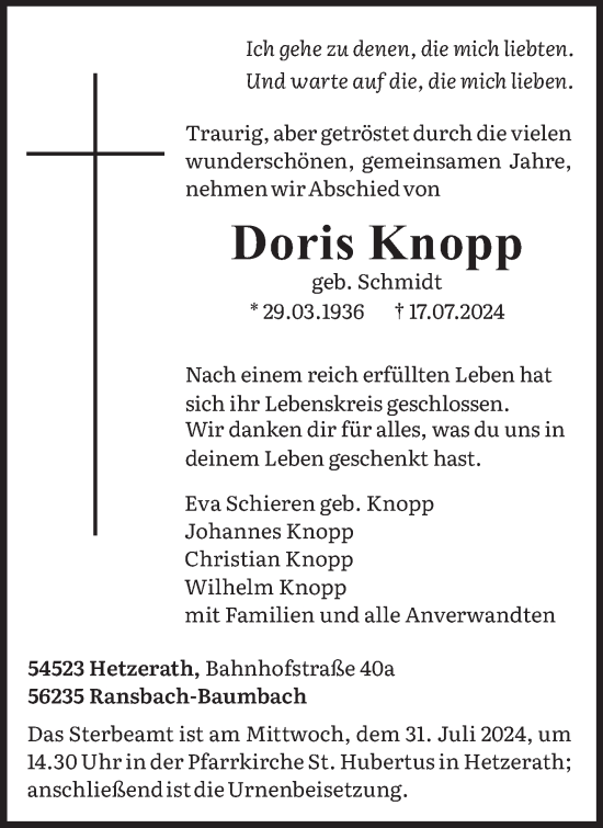 Todesanzeige von Doris Knopp von trierischer_volksfreund