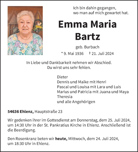 Todesanzeige von Emma Maria Bartz von trierischer_volksfreund
