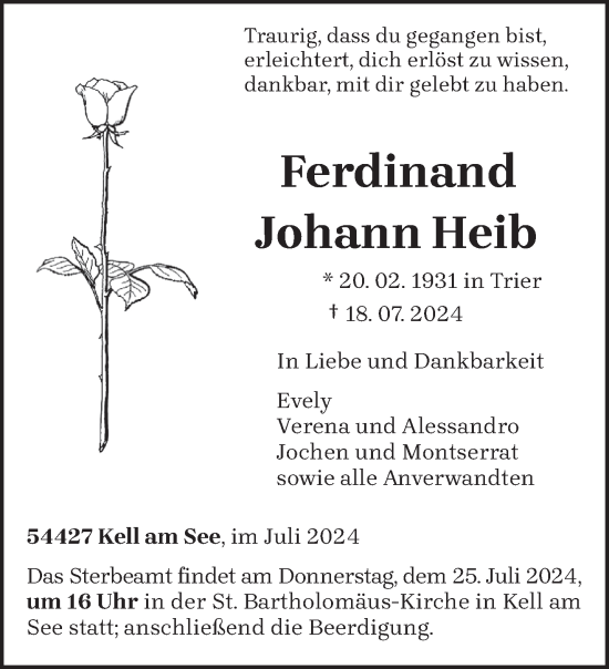Todesanzeige von Ferdinand Johann Heib von trierischer_volksfreund