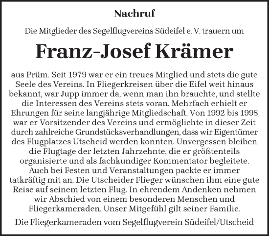 Todesanzeige von Franz-Josef Krämer von trierischer_volksfreund