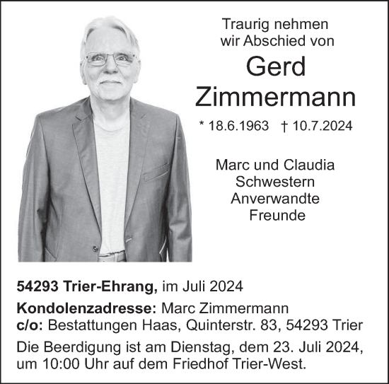 Todesanzeige von Gerd Zimmermann von trierischer_volksfreund