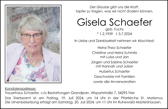 Todesanzeige von Gisela Schaefer von trierischer_volksfreund