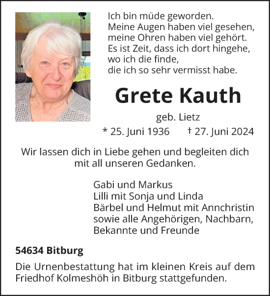 Todesanzeige von Grete Kauth von trierischer_volksfreund