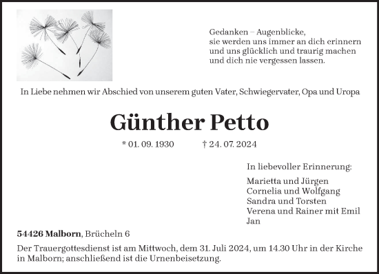 Todesanzeige von Günther Petto von trierischer_volksfreund